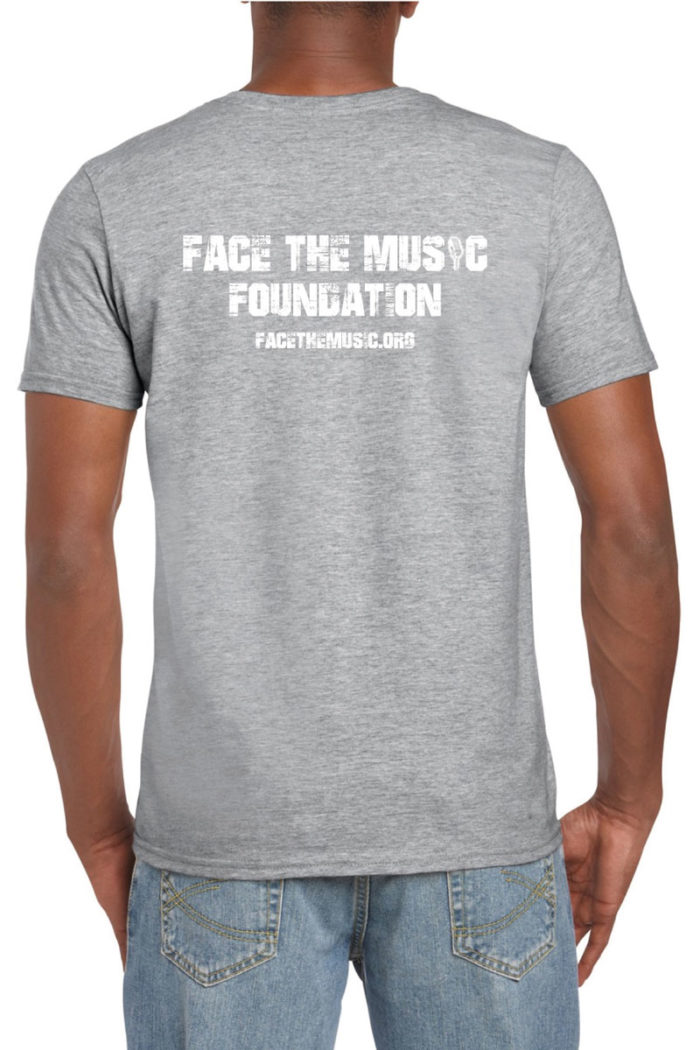 Back of Grey Face The Music T-shirt